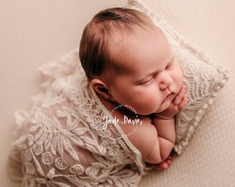 Delicate textured newborn posing pillow and lace layer wrap newborn photography prop in boho style