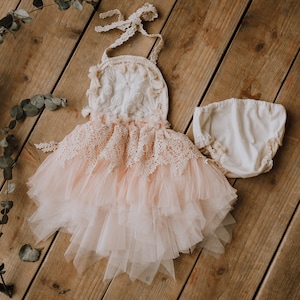 Alice PEACH Boho vintage baby dress for cake smash outdoor sitter photography lace photo prop UK seller