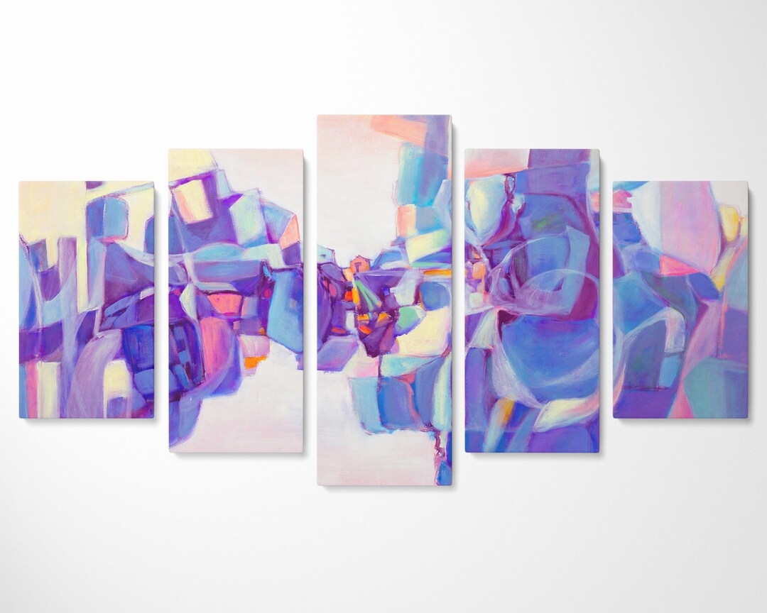 Abstract Wall Art Set Purple and Blue, 5 Panel Wall Art, Acrylic on