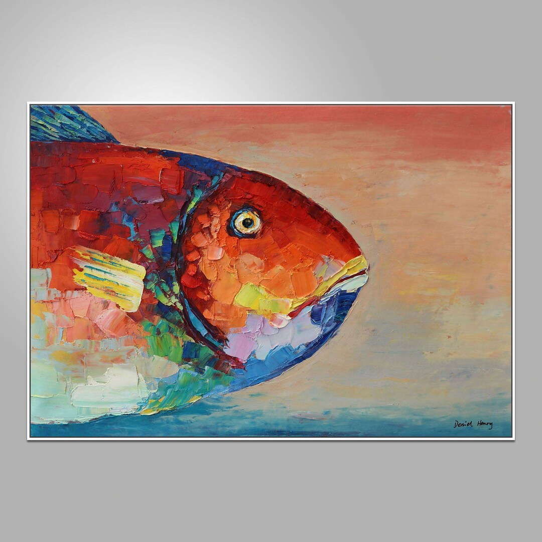 Family Wall Decor, Large Oil Painting Abstract Fish Art, Modern Art ...
