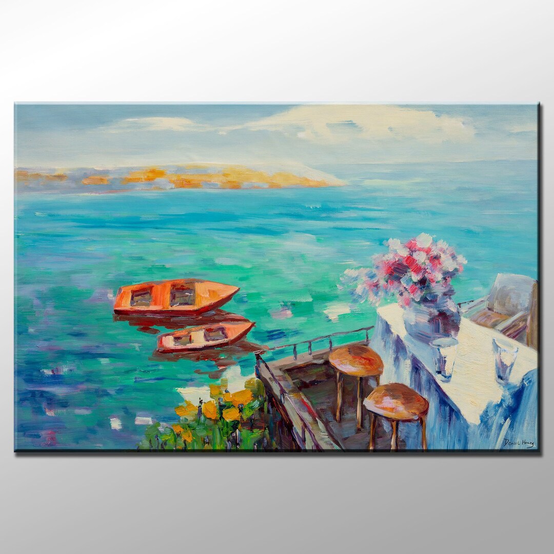 Original Seascape Oil Painting Garden by the Sea, Bright Abstract