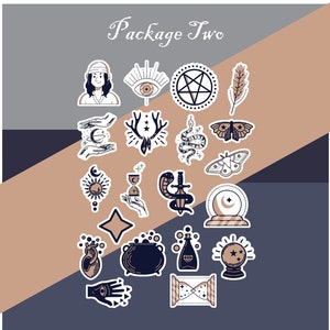 May include: A set of 18 black and white stickers with a mystical theme. The stickers feature various symbols, including a crescent moon, a snake, a pentagram, a crystal ball, a cauldron, and a feather. The stickers are ideal for adding a touch of magic to your planner, laptop, or water bottle.