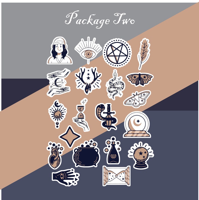 May include: A set of 18 black and white stickers with a mystical theme. The stickers feature various symbols, including a crescent moon, a snake, a pentagram, a crystal ball, a cauldron, and a feather. The stickers are ideal for adding a touch of magic to your planner, laptop, or water bottle.