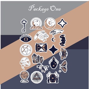 May include: A set of 18 black and white stickers with a mystical theme. The stickers feature images of a key, a crystal ball, a crescent moon, a star, an eye, a hand holding a crystal, a crescent moon, a bat, a pentagram, an hourglass, a diamond, a moth, a snake, a crystal, a bottle with stars, a moth, a crystal ball, an eye in a pyramid, and a lantern with candles.