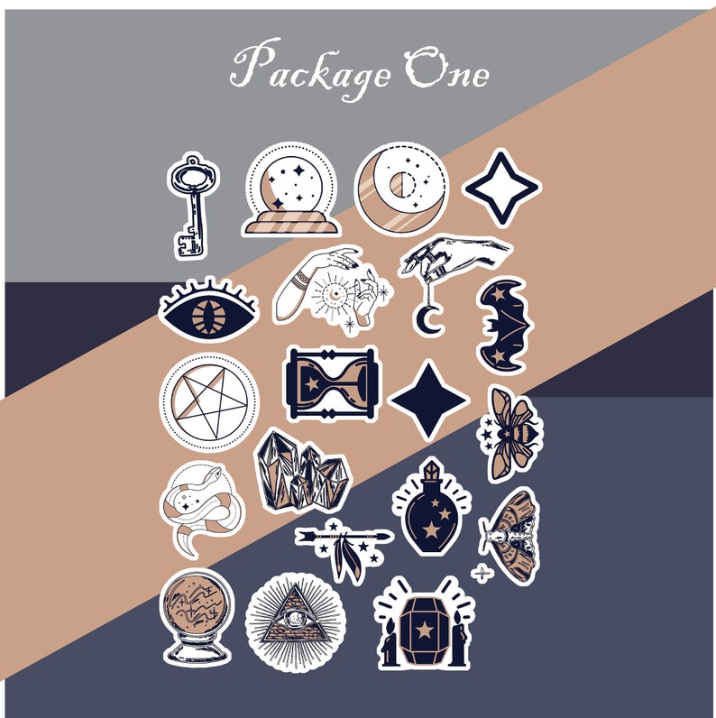 May include: A set of 18 black and white stickers with a mystical theme. The stickers feature images of a key, a crystal ball, a crescent moon, a star, an eye, a hand holding a crystal, a crescent moon, a bat, a pentagram, an hourglass, a diamond, a moth, a snake, a crystal, a bottle with stars, a moth, a crystal ball, an eye in a pyramid, and a lantern with candles.