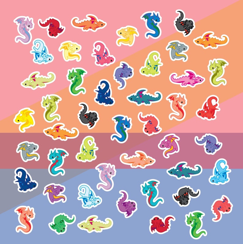 Puede incluir: Un patr&oacute;n colorido de dragones de dibujos animados en varias poses y colores sobre un fondo rosa, naranja y morado. Los dragones est&aacute;n todos mirando hacia adelante y tienen un estilo caprichoso y de dibujos animados.