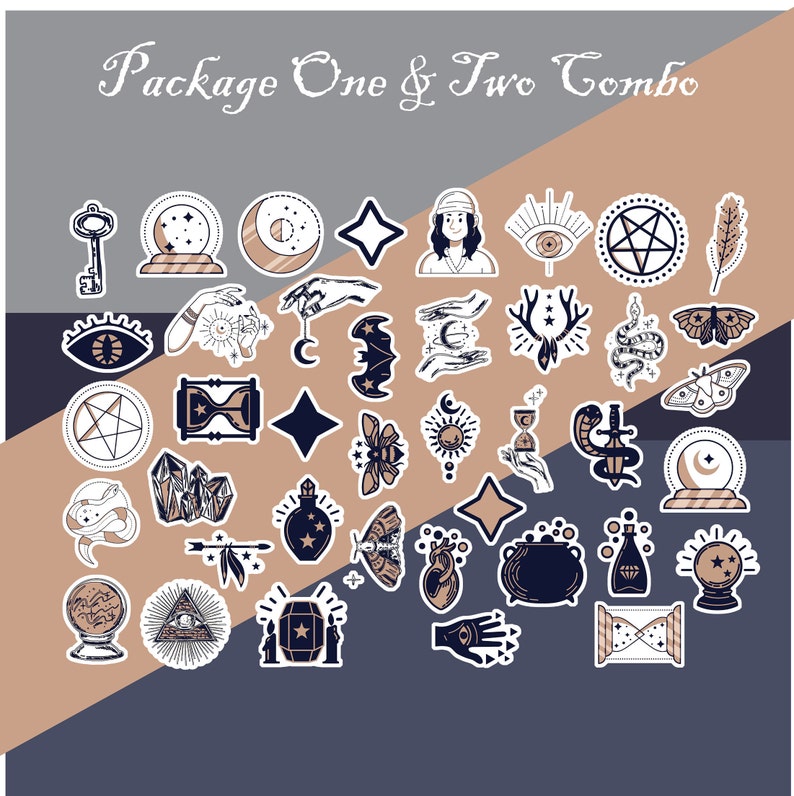 May include: A set of 36 black and white stickers with gold accents featuring various mystical and occult symbols, including a crescent moon, a star, a bat, a snake, a crystal, a potion bottle, a heart, a cauldron, an hourglass, an eye, a pentagram, a feather, a moth, a key, a hand, a crystal ball, and a candle. The stickers are arranged in a grid pattern on a brown and grey background.