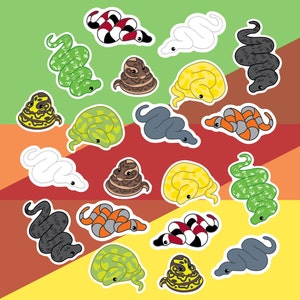 Op de afbeelding: Een verzameling van 16 kleurrijke slangstickers met verschillende patronen en kleuren, waaronder groen, geel, rood, zwart en wit. De stickers zijn willekeurig gerangschikt op een groene, rode en gele achtergrond.