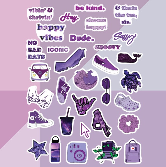 Download A Collection Of Stickers With Purple Items On Them Wallpaper