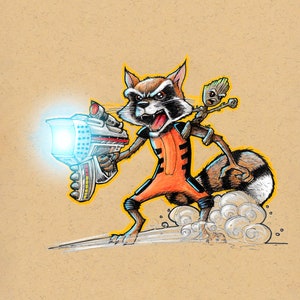 May include: A cartoon illustration of Rocket Raccoon from Guardians of the Galaxy, holding a blaster and wearing an orange jumpsuit.  He is running with a cloud of smoke behind him.  A small, brown, tree-like creature is riding on his back.