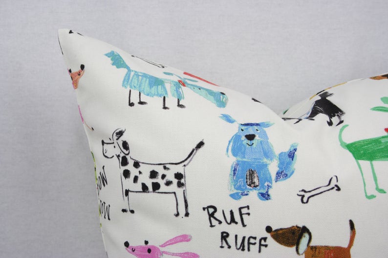 Dog Pillow, Colorful Kids Pillow Cover, Cream, Black, Pink, Blue, Green, Red, Gray, Brown, Cotton, 18 x 18 In Shown, Toss Pillow image 5