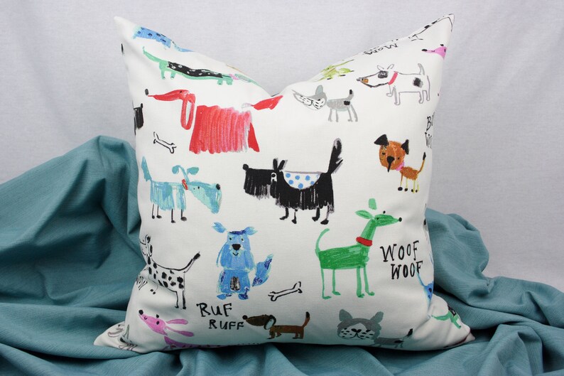 Dog Pillow, Colorful Kids Pillow Cover, Cream, Black, Pink, Blue, Green, Red, Gray, Brown, Cotton, 18 x 18 In Shown, Toss Pillow image 4