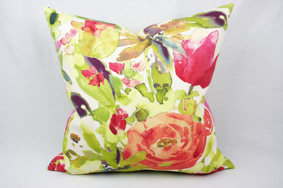 Watercolor Floral Pillow Cover Pink, Orange, Green, Purple, Blue, 18 in