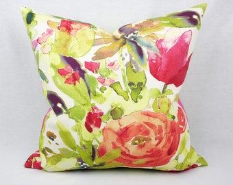 Watercolor Floral Pillow cover- Pink, Orange, Green, Purple, Blue, 18 in x 18 in Shown, Cotton Stain Resistant,  Throw Pillow Cover
