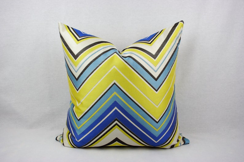 Blue and Yellow Modern Chevron Decorative Pillow Cover, Zig Zag, 20 x 20 in. Shown, Multiple Sizes, Throw Pillow, Accent Pillow, Toss Pillow image 1