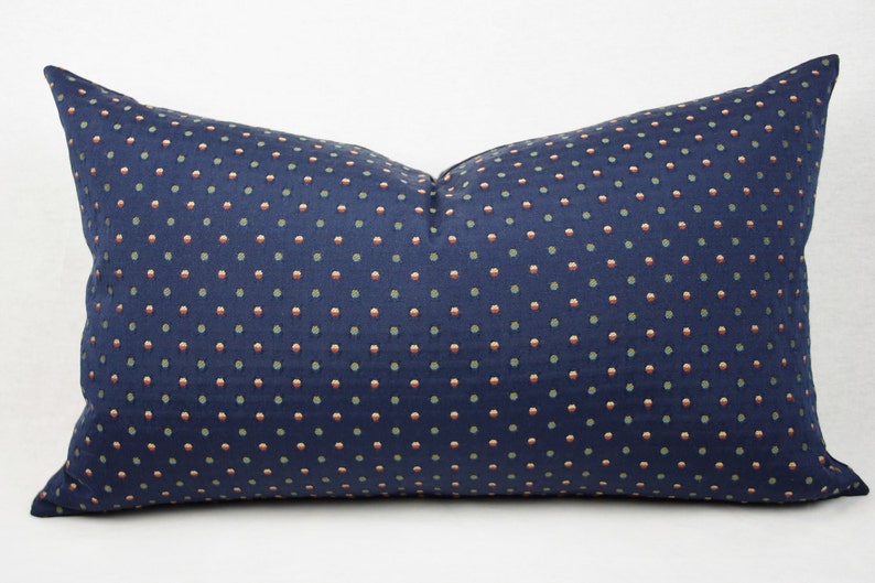 Navy Multi Color Polka Dot Pillow Cover. Navy, Rust, Gold, and Blue