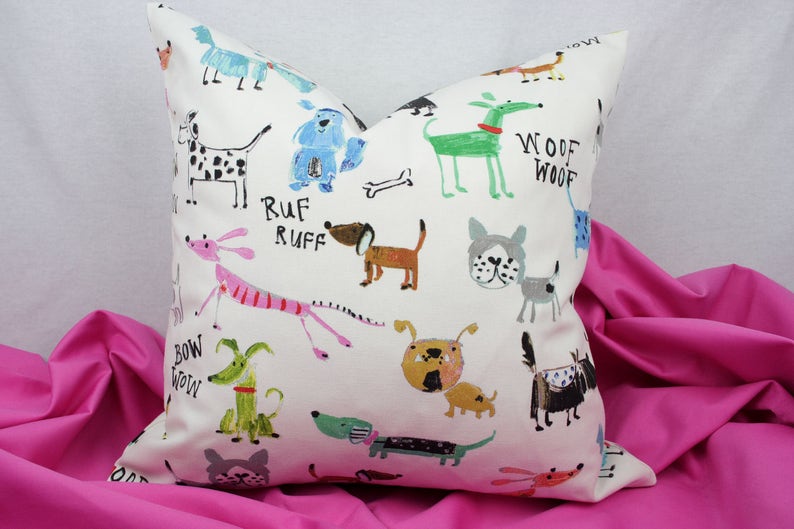 Dog Pillow, Colorful Kids Pillow Cover, Cream, Black, Pink, Blue, Green, Red, Gray, Brown, Cotton, 18 x 18 In Shown, Toss Pillow image 3