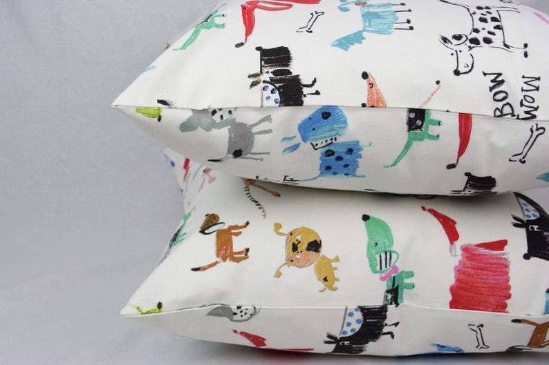 Dog Pillow, Colorful Kids Pillow Cover, Cream, Black, Pink, Blue, Green, Red, Gray, Brown, Cotton, 18 x 18 In Shown, Toss Pillow image 1
