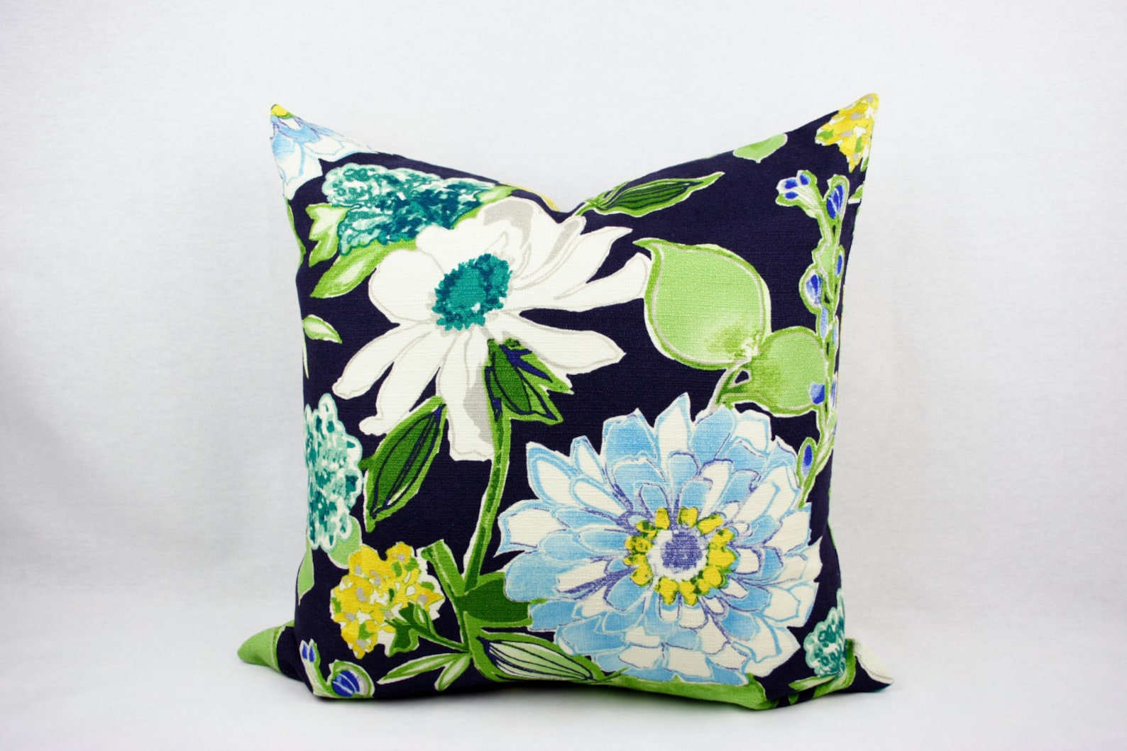Navy Blue Green Yellow and White Big Floral Pillow Cover Etsy