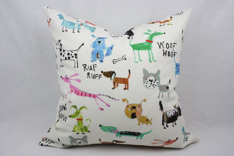 Dog Pillow, Colorful Kids Pillow Cover, Cream, Black, Pink, Blue, Green, Red, Gray, Brown, Cotton, 18 x 18 In Shown, Toss Pillow image 2