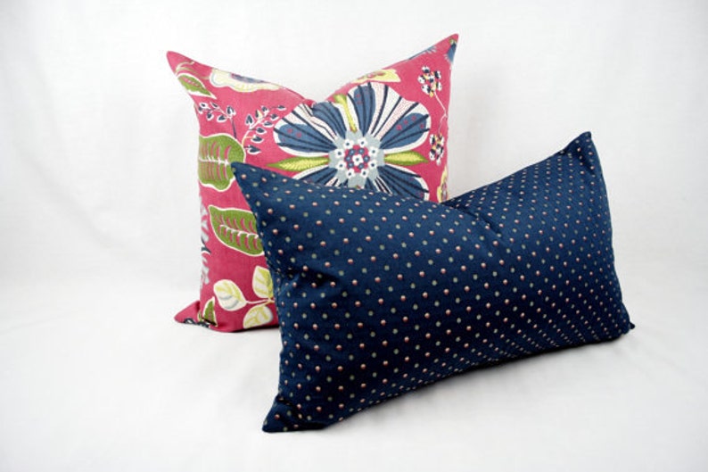 Navy Multi Color Polka Dot Pillow Cover. Navy, Rust, Gold, and Blue