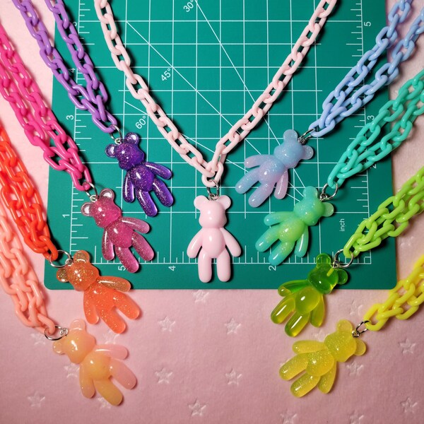 Plastic Chain bear charm choker Necklace lobster claw clasp closure with extender chain and cute accent link.  Choose your color!