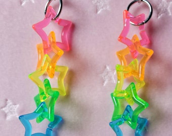 Rainbow star chain link earrings.  UV reactive!  Rave Party Kidcore