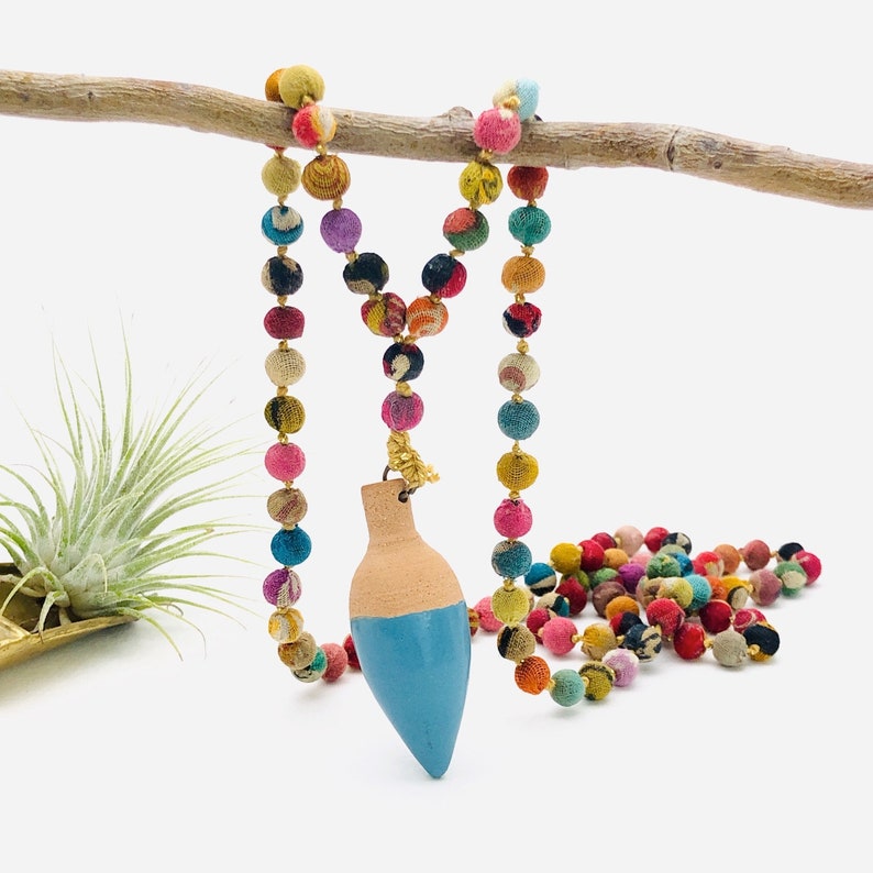 Handmade pottery with fabric covered bead fun necklace