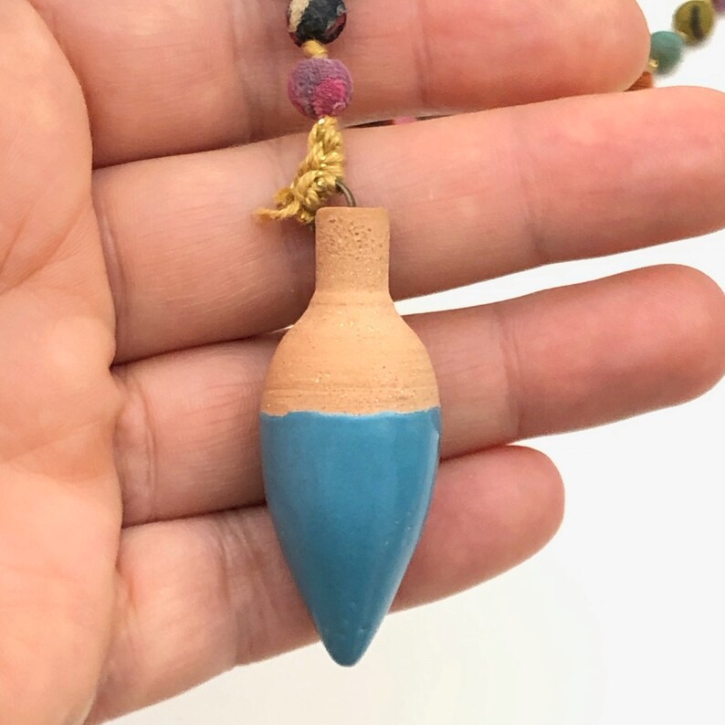 Handmade pottery with fabric covered bead fun necklace