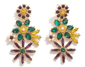 Jewelry Mardi Gras Rhinestone Flower Drop Earrings