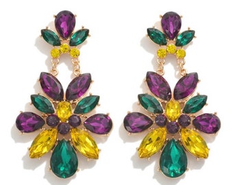 Jewelry Mardi Gras Rhinestone Cluster Drop Earrings
