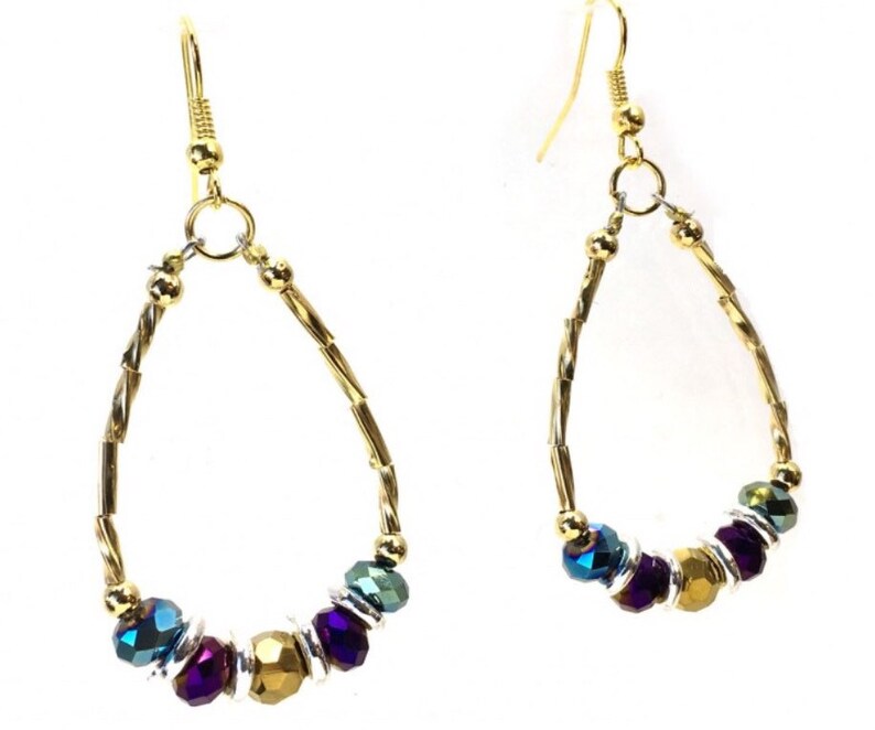 Mardi Gras Crystal Gold Twist Tube Teardrop Earring.
