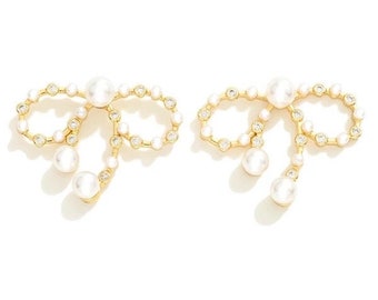 Jewelry Metal Tone Bow Stud Earrings with Rhinestone and Pearl Details