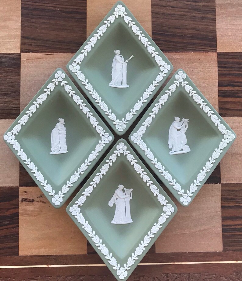 Jasper Ware Sage Wedgewood Set of Four Diamond Shaped Vintage TrinketPin Dish English Romantic