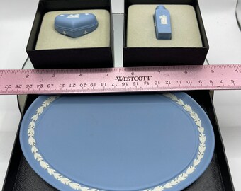 Three Pieces of Vintage Blue Wedgewood Jasperware Original Boxes From Harrods London England