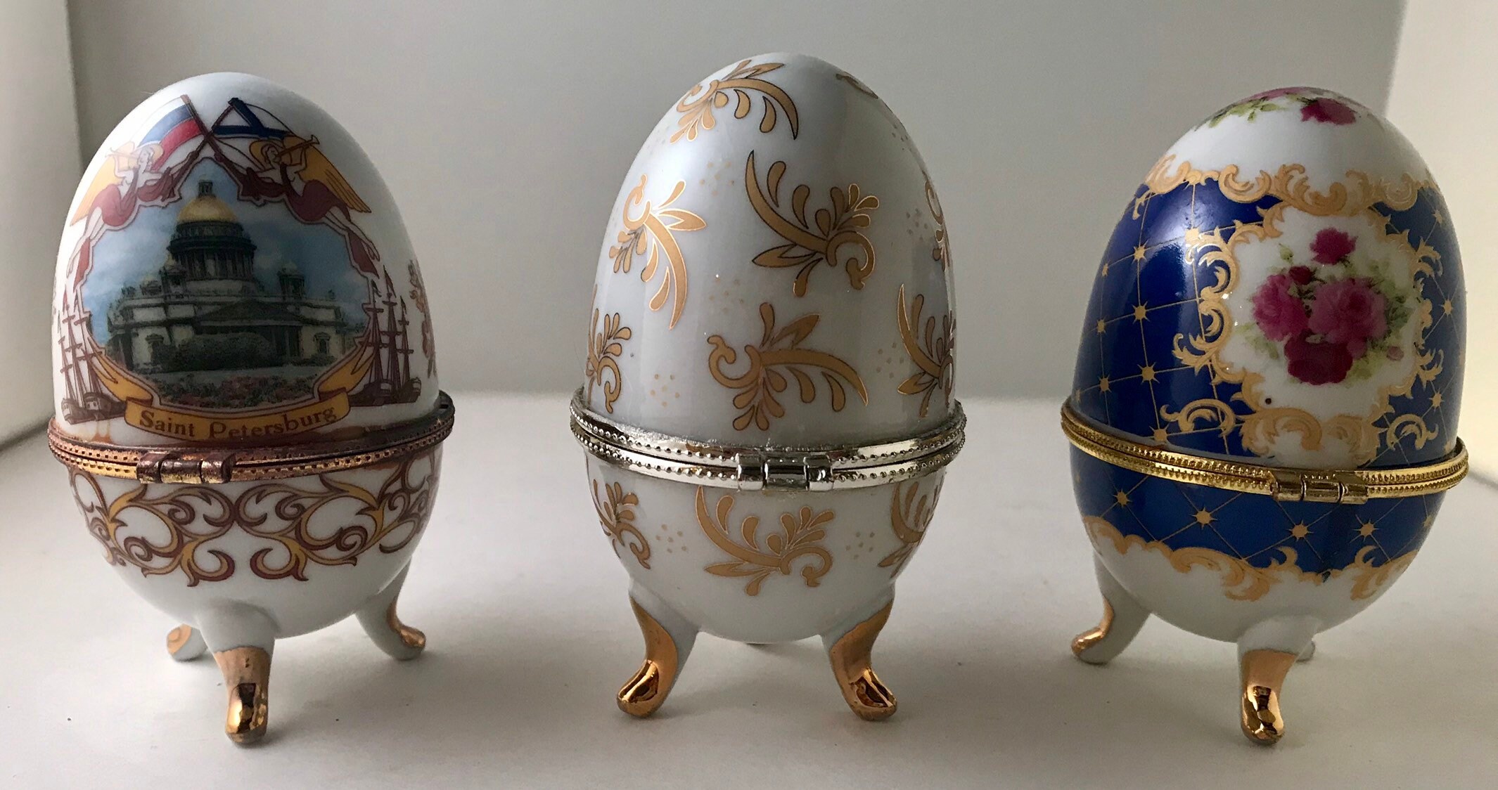 Set of 3 Vintage Faberge Eggs Trinket Boxes Footed Porcelain Used