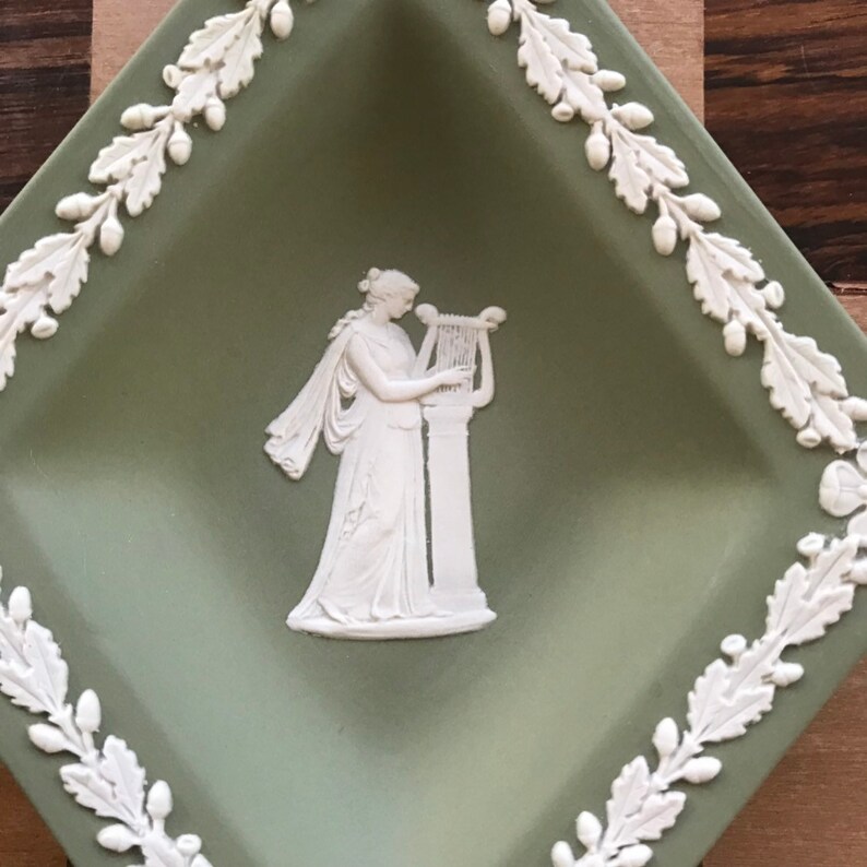 Jasper Ware Sage Wedgewood Set of Four Diamond Shaped Vintage TrinketPin Dish English Romantic