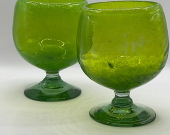 Two Handmade Bright Green Fish Bowl Brandy Snifters Wine Beer Heavy Unique (A3)