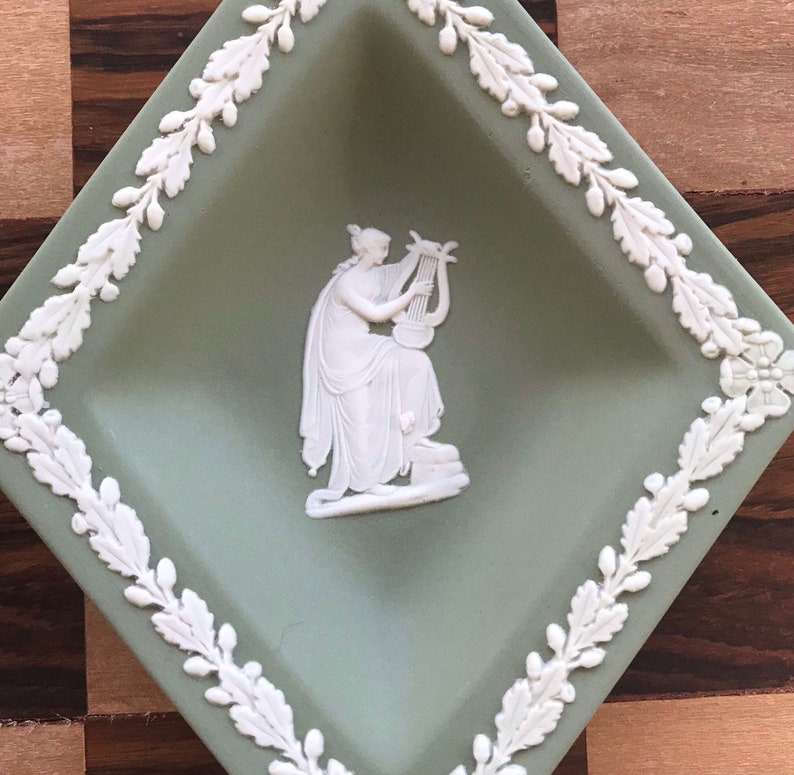 Jasper Ware Sage Wedgewood Set of Four Diamond Shaped Vintage TrinketPin Dish English Romantic