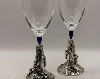 Brumal Rare Pair of Wine Toasting Goblets Silver Tone Base Vine and Grape Embossed Base and Stem