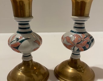 Pair of Porcelain and Brass Candle Holders Pink Floral Decor (A5)