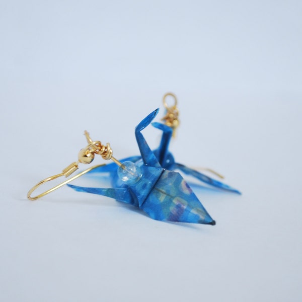 Light blue origami crane earrings, polkadot crane origami earrings