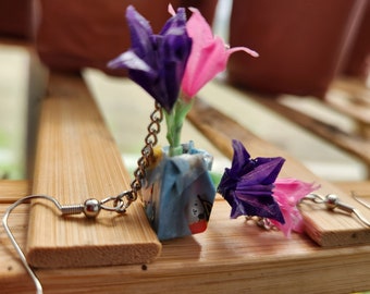 Orecchini di vasi di fiori di giglio origami, gioielli di fiori di origami, fiori rosa e viola