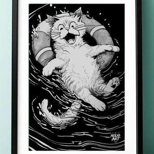 以下が含まれることがあります： 水に浮かぶライフジャケットを着た猫の白黒イラスト。猫は驚いた表情をしています。イラストには「Helig Art」の署名があります。
