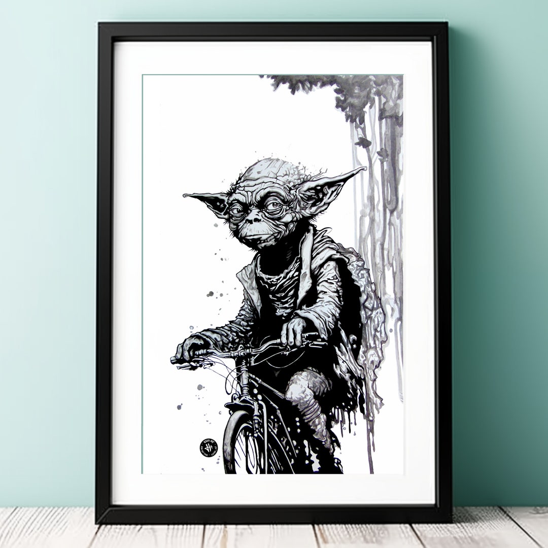 Yoda Bicycle Print, 11x17 Yoda Print, Star Wars Gift, Black and White