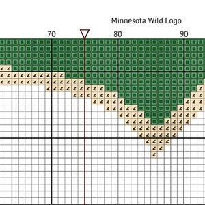 May include: A cross-stitch pattern featuring the Minnesota Wild logo. The design uses a grid with green and tan squares to form the logo's shape. The text "Minnesota Wild Logo" is at the top.