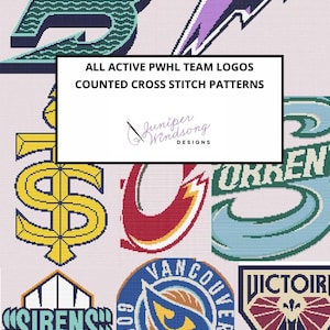 May include: A selection of counted cross stitch patterns showcasing logos of active PWHL teams. The logos are in diverse colours and designs, including the text "SIRENS" and "GOLDENEYES". The image also features the text "ALL ACTIVE PWHL TEAM LOGOS COUNTED CROSS STITCH PATTERNS".