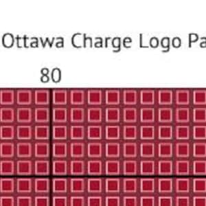 May include: A section of a cross-stitch pattern with the text "Ottawa Charge Logo Pattern". The pattern is a grid of small, dark red squares with black grid lines and a white triangle marker.