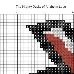 May include: Cross-stitch pattern of the Anaheim Ducks logo. The design features a stylized duck head in black, white, and red, set against a grid background. The text "The Mighty Ducks of Anaheim Logo" is at the top.