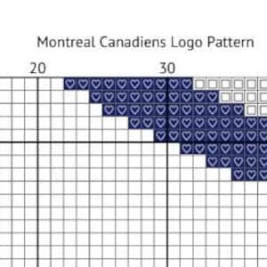 Op de afbeelding: Een kruissteekpatroon met het logo van de Montreal Canadiens. Het ontwerp maakt gebruik van een raster met blauwe, witte en rode vierkanten. De tekst "Montreal Canadiens Logo Pattern" staat bovenaan.